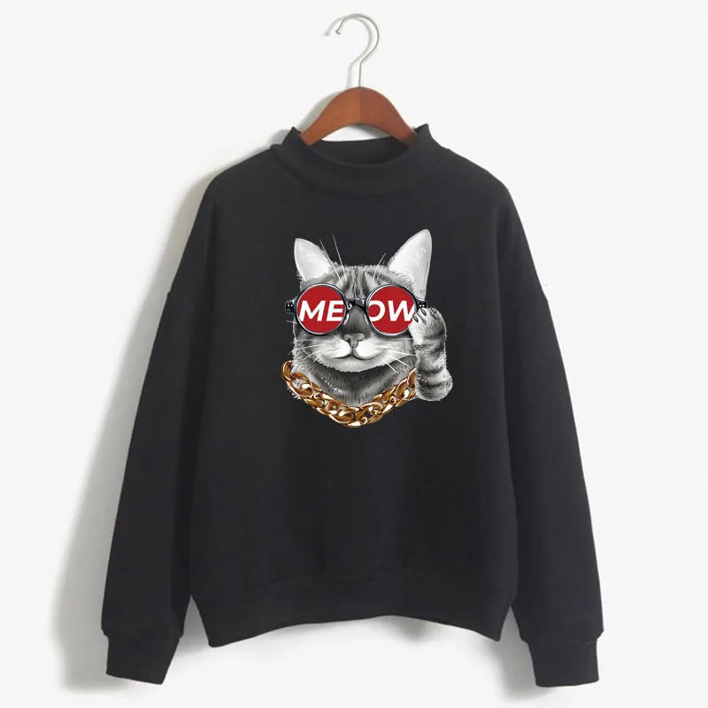 

Cartoon Cat Meow Print Women Sweatshirt Sweet Korean O-neck Knitted Pullover Thick Autumn Winter Candy Color Lady Clothing