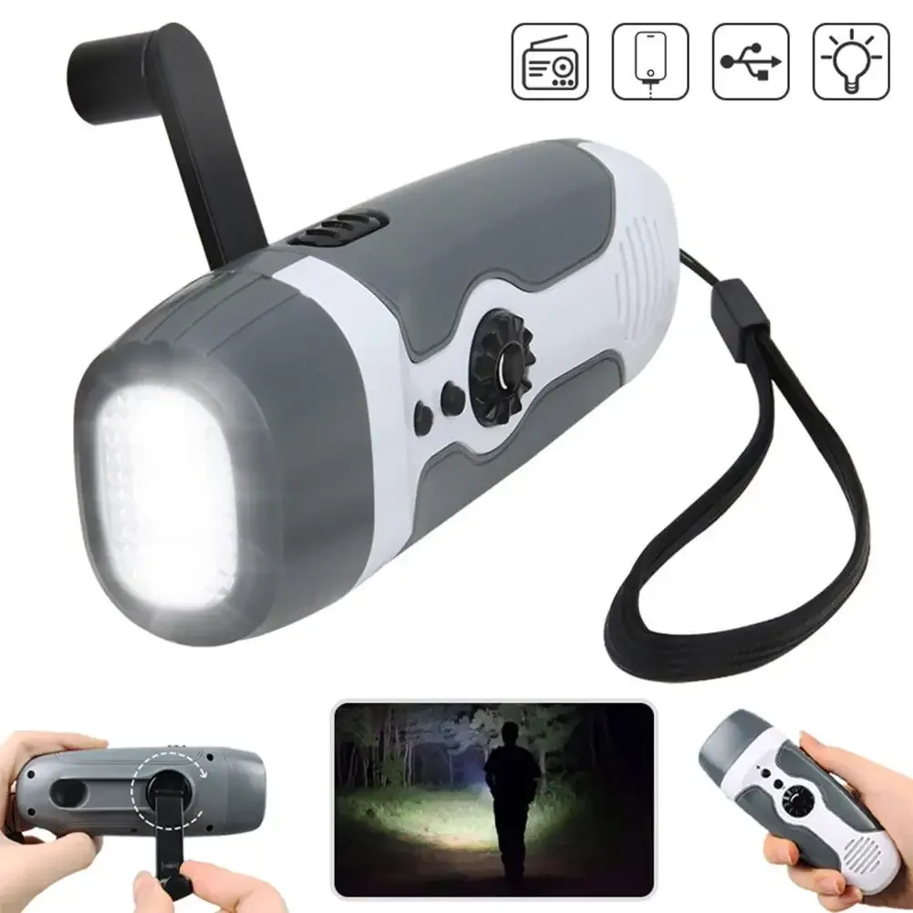 

Hand Crank Flashlight With FM Radio Alarm Function Emergency Rechargeable LED Flashlight Survival Flashlight for Camping Outdoor