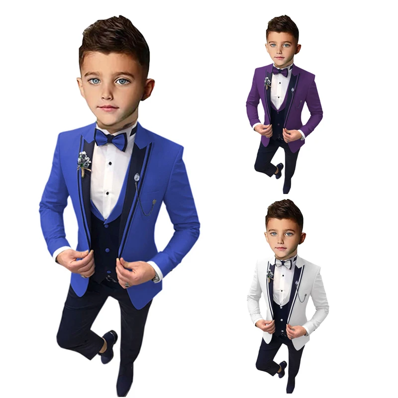 

Luxury Boy Suits Blue Terno Regular Wedding Costume Single Breasted Peaked Lapel Three Piece Jacket Pants Vest Slim Fit Kids