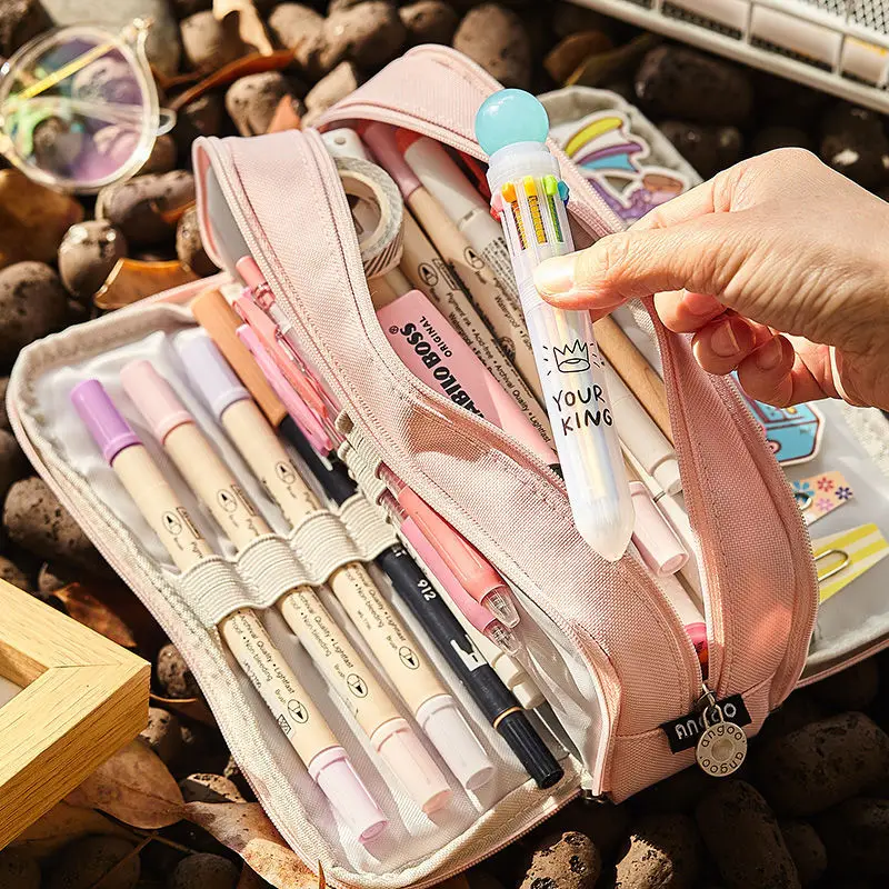 Cute Pencil Case Canvas for Girls Macaron Pencil Box Multilayer School Pouch Kawaii Pensil Case Pen Bag Storage Stationery