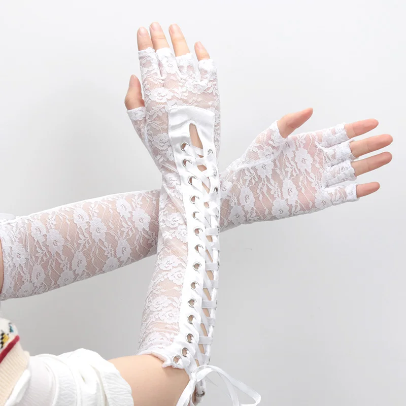 Women Sexy Lace Long Gloves Black Elbow Half-finger Gloves Ribbon Fingerless Fishnet Mesh Etiquette Party Gothic Lolita Gloves