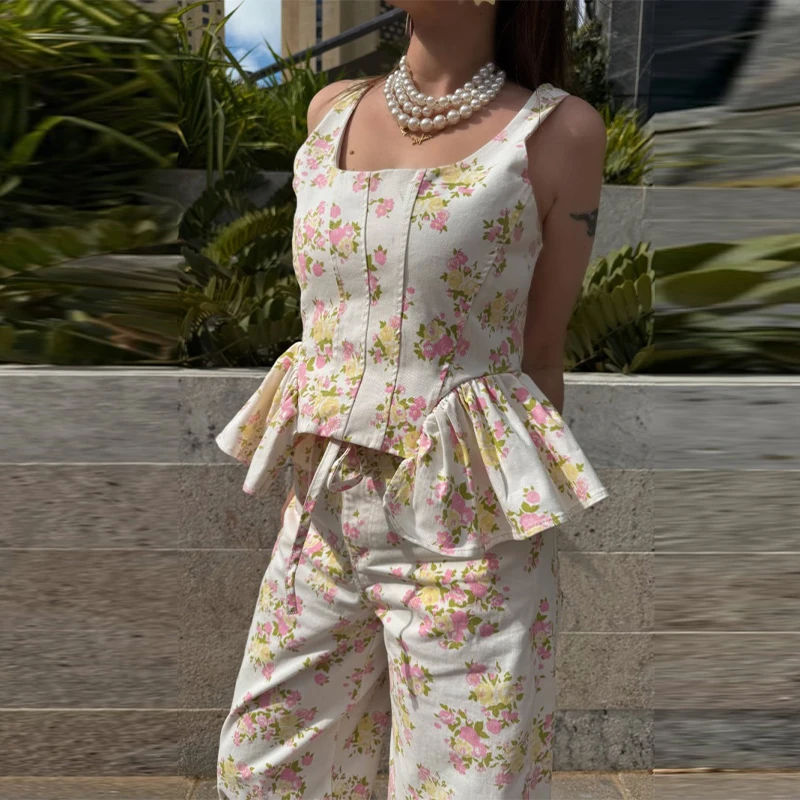 Women's Sweet Cute Floral Printed Vest Pants 2026 New Summer U Collar Sleeveless Ruffle Hem Tops Wide Leg Trousers 2 Piece Sets 4
