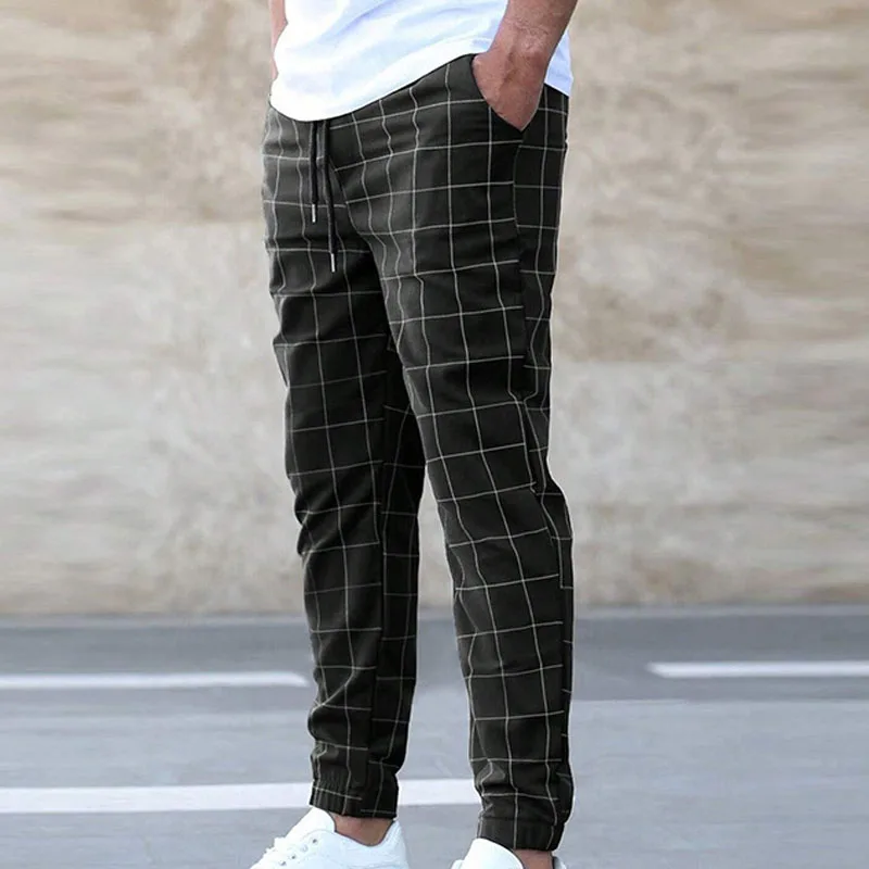 2023 Autumn Minimalist Fashion Trend Plaid Hoodie Versatile Casual Drawstring Contrast Loose Fitting Men's Temperament Pants
