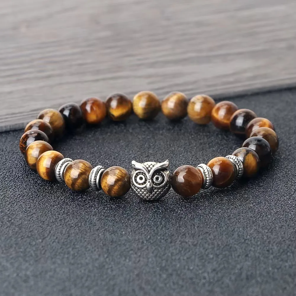 Natural Stone Beads Owl Bracelets Malachite Rock Lava Bangles Charm Strand Elastic Energy Yoga Buddha Jewelry For Women Men