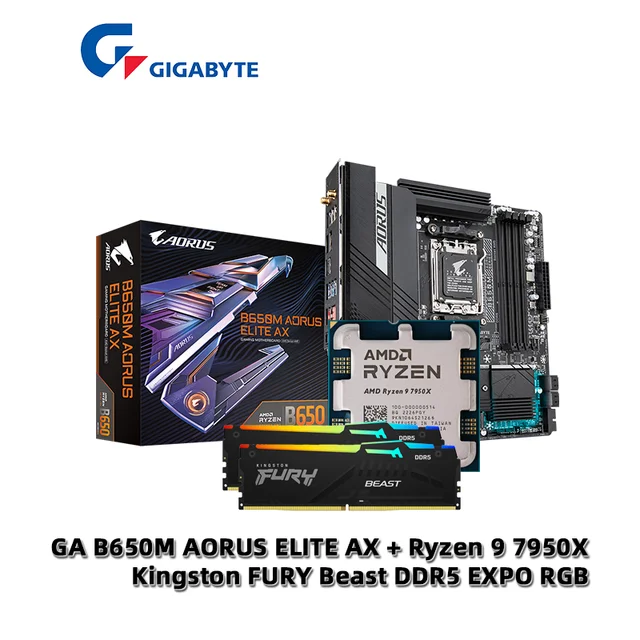 New AMD RYZEN CPU Combo RYZEN 9 7950X 3D With GIGABYTE B650M AORUS ELITE AX  Micro ATX Motherboard Kingston RAM 6000MHz 32GB RGB