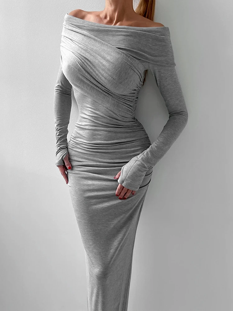 navy blue dress for baby girl Aynaray 2024 Autumn Winter Women Sexy Maxi Dress Solid Grey Off Shoulder  Long Sleeve Bodycon Slim Pencil Dress For Women