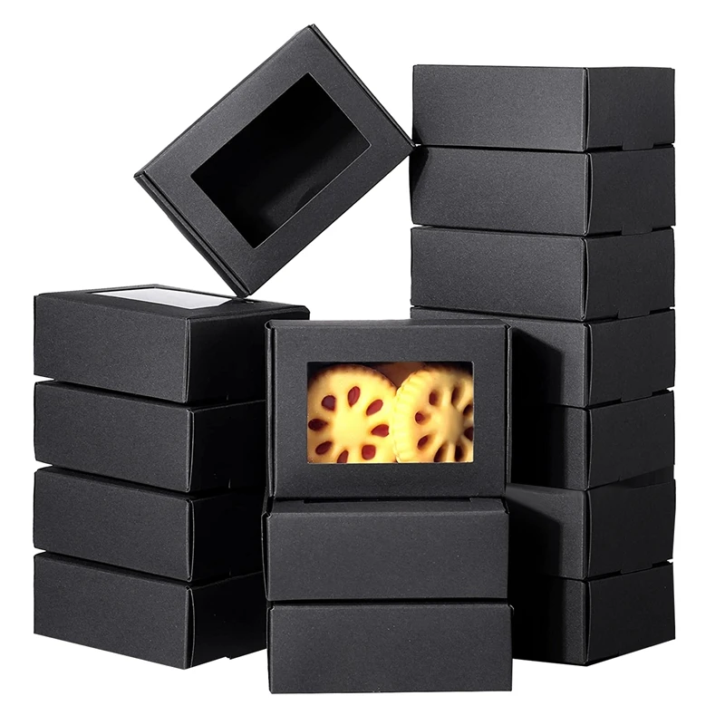 

50 Pcs Mini Kraft Paper Box With Window Present Packaging Box Treat Box For Homemade Soap Treat Bakery Candy (Black)