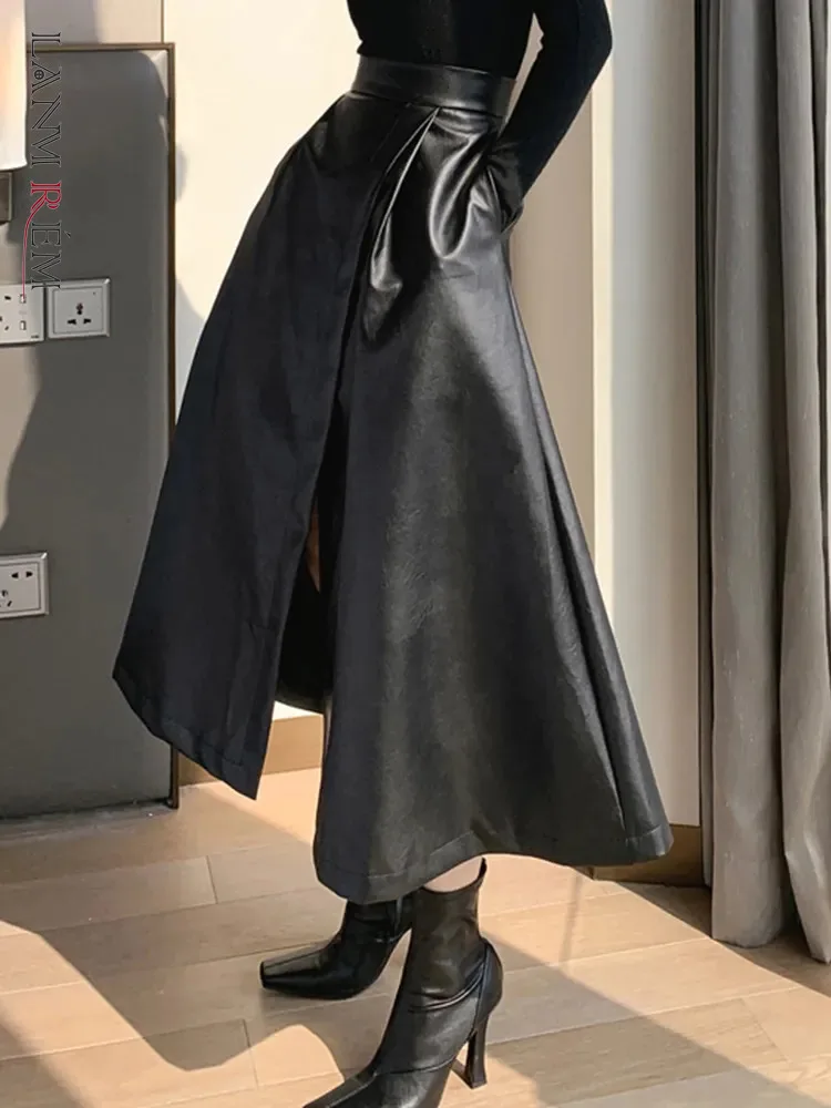 

LANMREM Elegant Women PU Leather Skirts High Waist Solid Mid-calf Forked Skirts Fashion Female Clothing 2023 Autumn New 2YA305