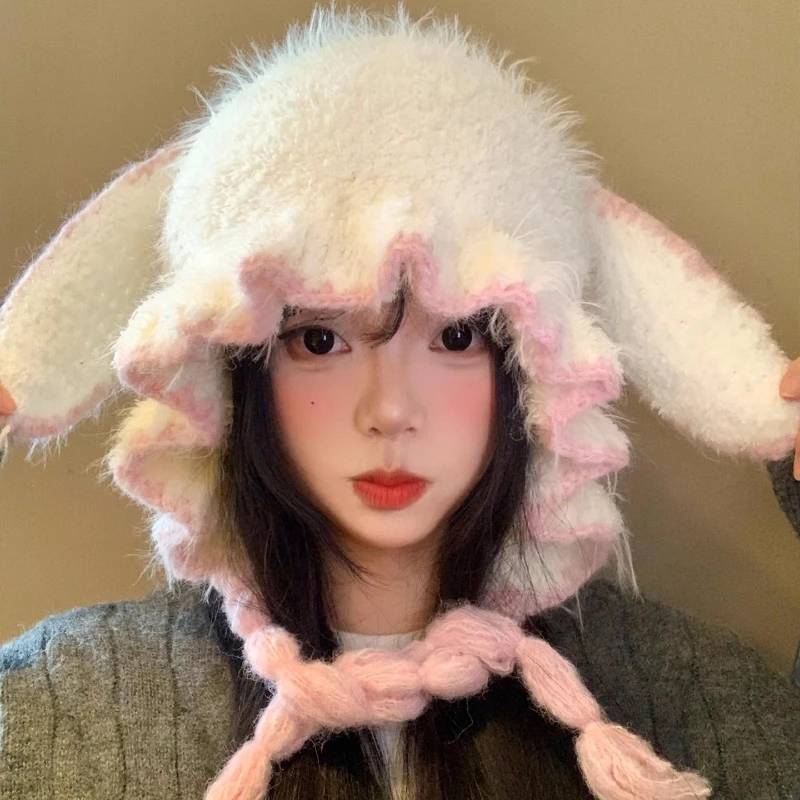 Y2K Niedliche Hasenohren Plüschmützen für Frauen Herbst Winter Reisen Warm Vielseitig Show Face Kleine süße Riemen Pullover Hüte