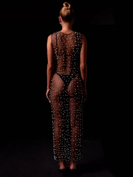 Women's Sheer Mesh Dress Sleeveless Round Neck Pearl Long Dress Bikini Cover Up Dress 2