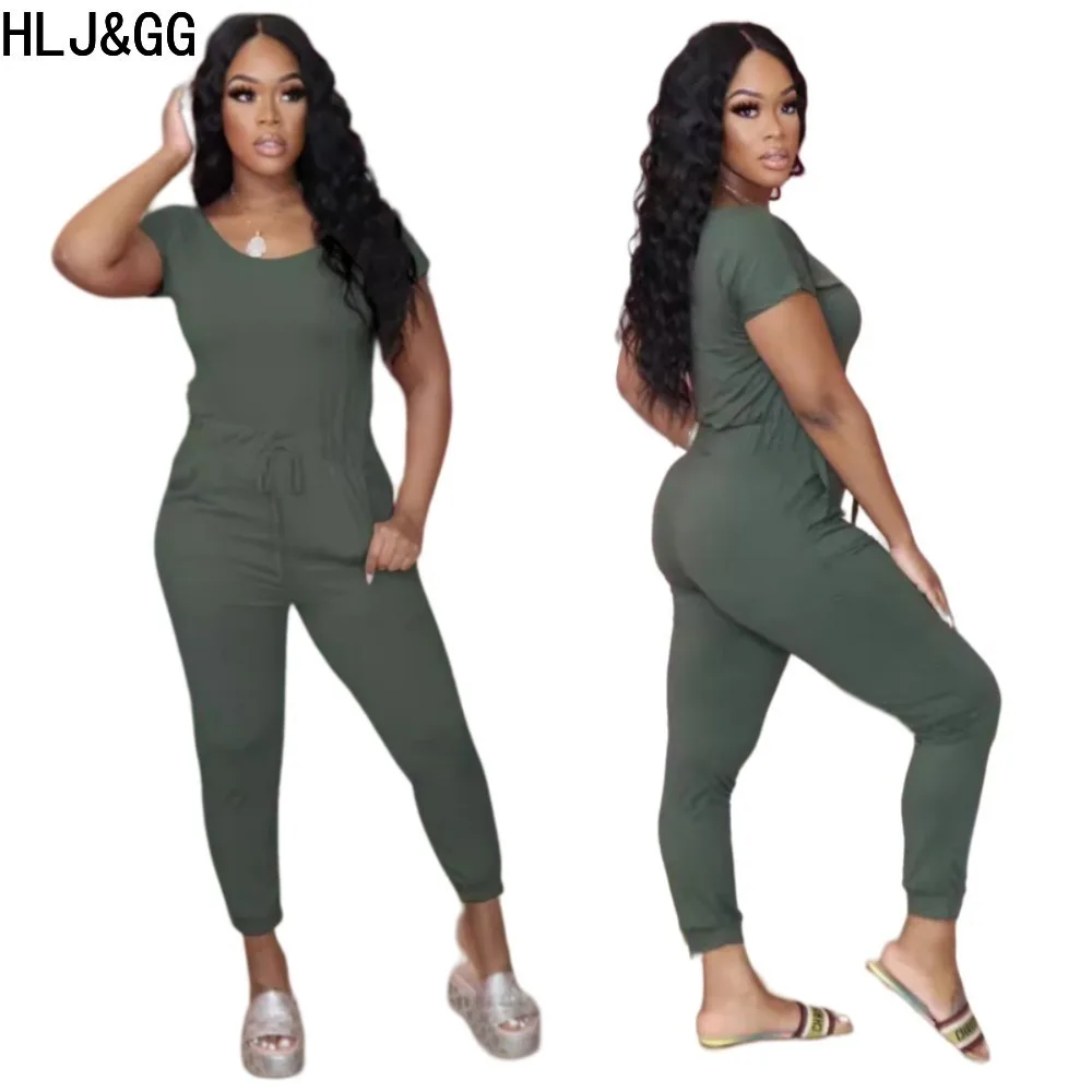 

HLJ&GG Casual Solid Drawstring Sporty Jumpsuits Women Round Neck Short Sleeve Slim Playsuits Female Sporty Jogger Pants Overalls