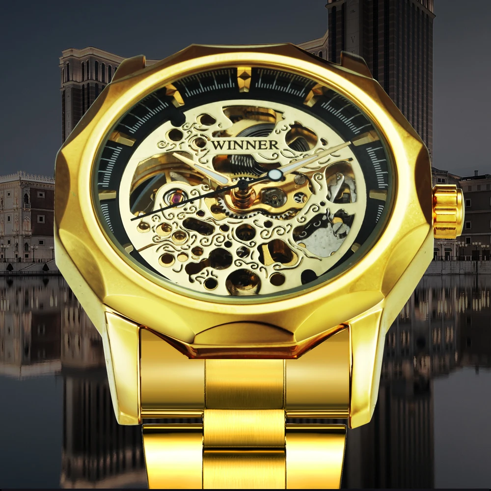 Luxury Gold Skeleton Automatic Men's Watch with Stainless Steel Strap