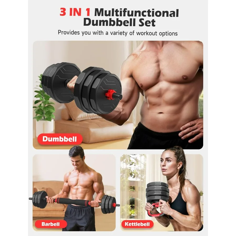 Adjustable Dumbbells,55LB (27.5LB Pair) Free Weights Dumbbells Convertible 2 or 3 in 1 Set Used as Barbell, Kettlebells, A Pair
