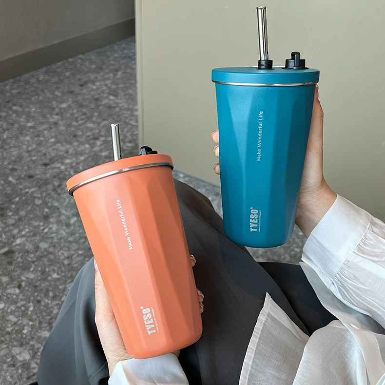 600Ml Insulated Coffee Cup With Straw Stainless Steel Iced Coffee Mug Tea Cold Drink Bottle Diamond Shaped Thermos Mug Tumbler 23 600Ml Insulated Coffee Cup With Straw Stainless Steel Iced Coffee Mug Tea Cold Drink Bottle Diamond Shaped Thermos Mug Tumbler