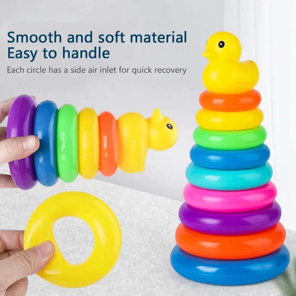 Adorable Yellow Duck Toy Color Stacking Rings Tower Toy Kids Toddler Bath Tub Play Toy Gift Baby Elatric Toys Stacking Cups baby early childhood education puzzle ring toy children s little yellow duck rainbow tower stacking circle kids toys