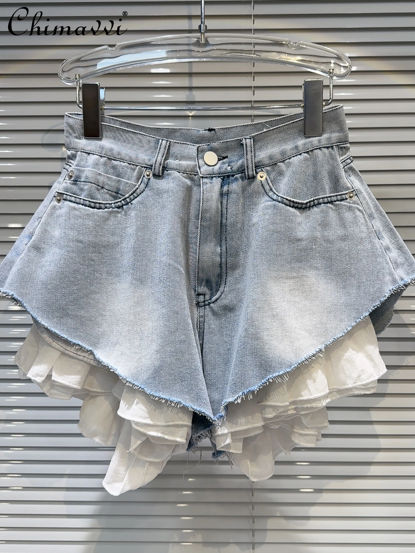 2024-summer-new-personalized-hot-girl-lace-hem-washed-white-beveled-wide-leg-pants-high-waist-slimming-streetwear-denim-shorts