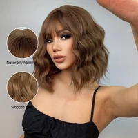 Perruques synthétiques courtes ondulées en cuivre marron miel avec frange, perruque de Cosplay Lolita Bob pour femmes, cheveux Afro naturels quotidiens résistants à la chaleur 3