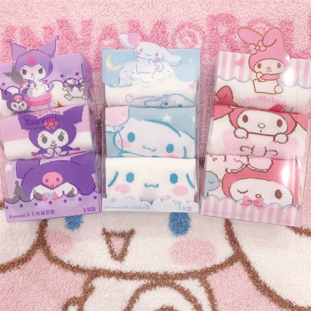 

3 Pairs Sanrio Socks Kawaii Cinnamoroll Kuromi My Melody Cartoon Breathable Summer Short Socks Anime Cotton Stockings Girl Gift