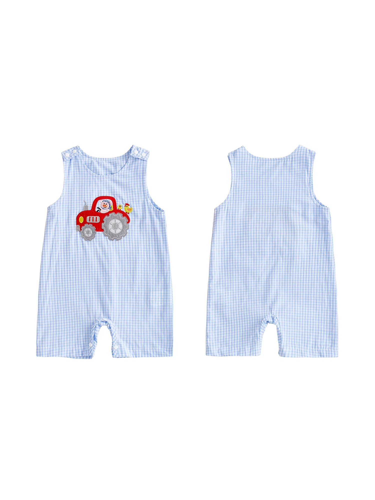 Infant Boy Country Style Overalls Sleeveless Round Neck Farm Tractor Applique Checkered Romper Suit