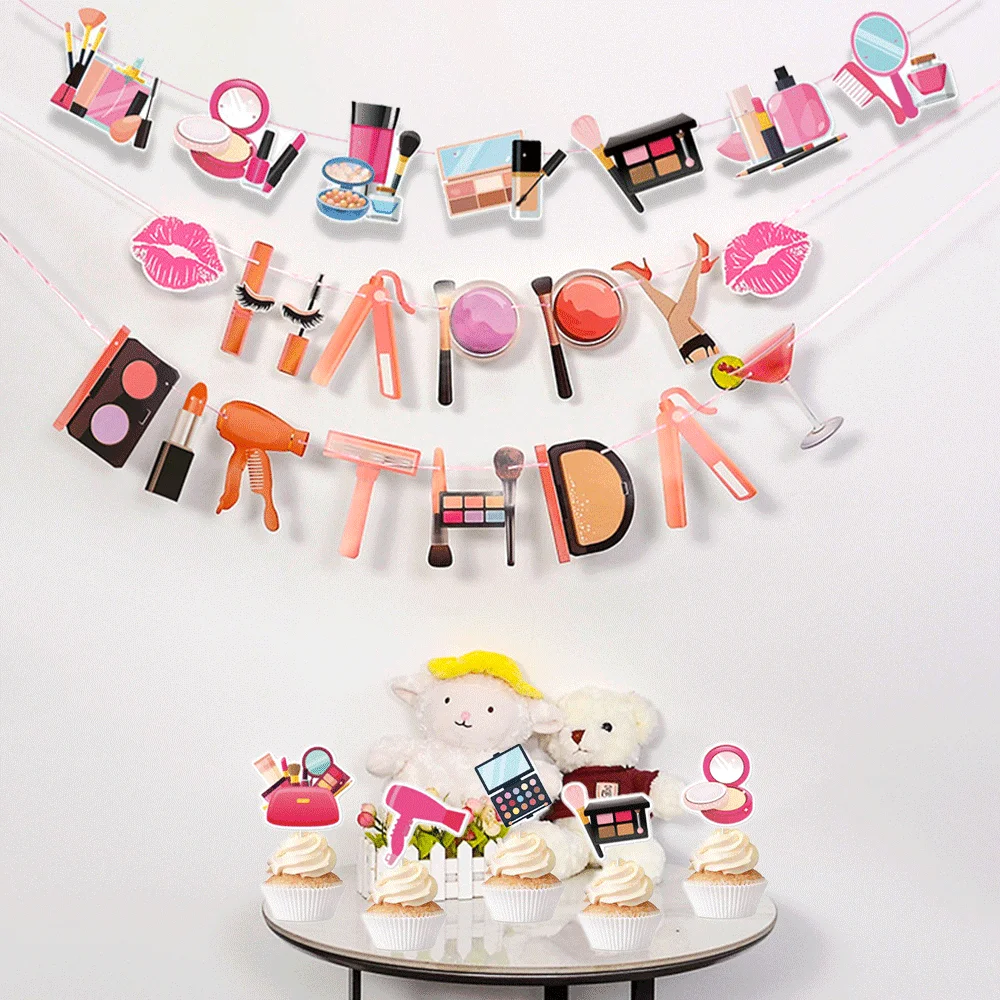 Decorazioni per la spa di compleanno – accessori per feste di trucco con striscione Happy Birthday, spirali, topper per torte, cupcake, palloncini per feste pamper