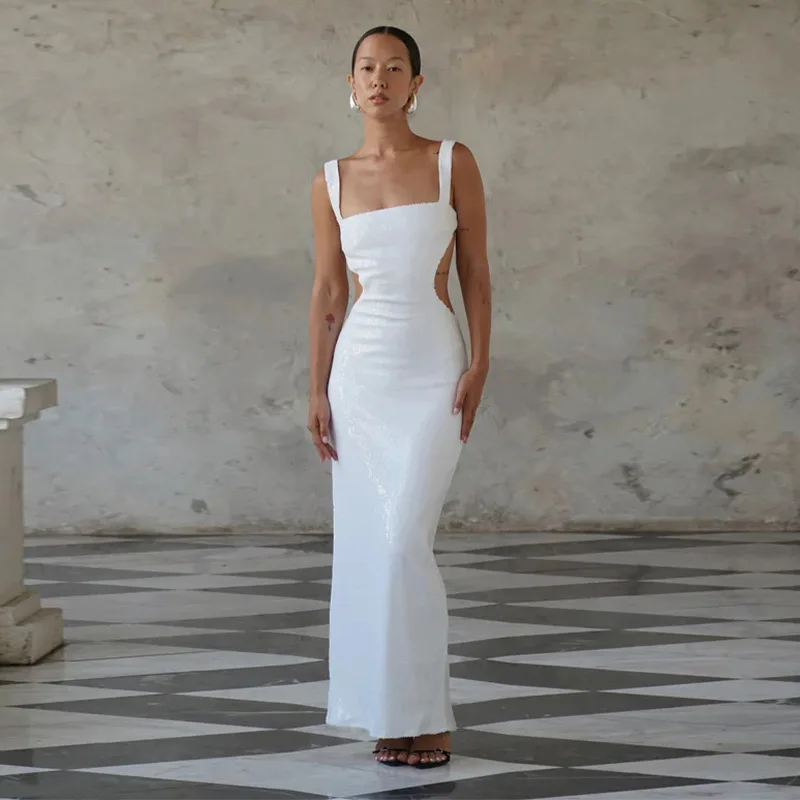 Sexy Square Neck Sling Long Dress Women Shinny Backless Hollow Out Sleeveless Slim Maxi Dresses New Lady Party Club Gowns ﻿