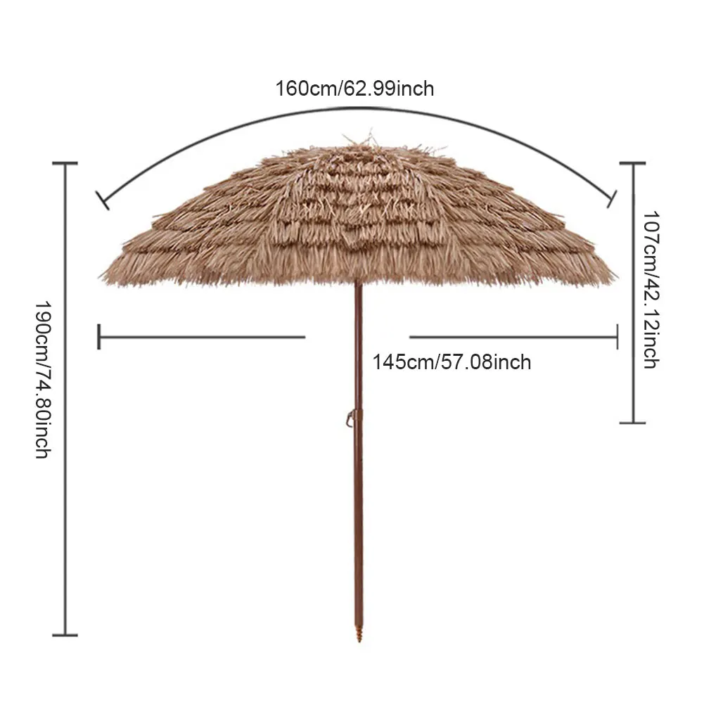 Thatched Tiki Umbrella Hawaiian 6.23ft/1.9m Height Adjustable 8 Metal Ribs Tilt Outdoor Patio Umbrella for Pool Beach Backyard ﻿
