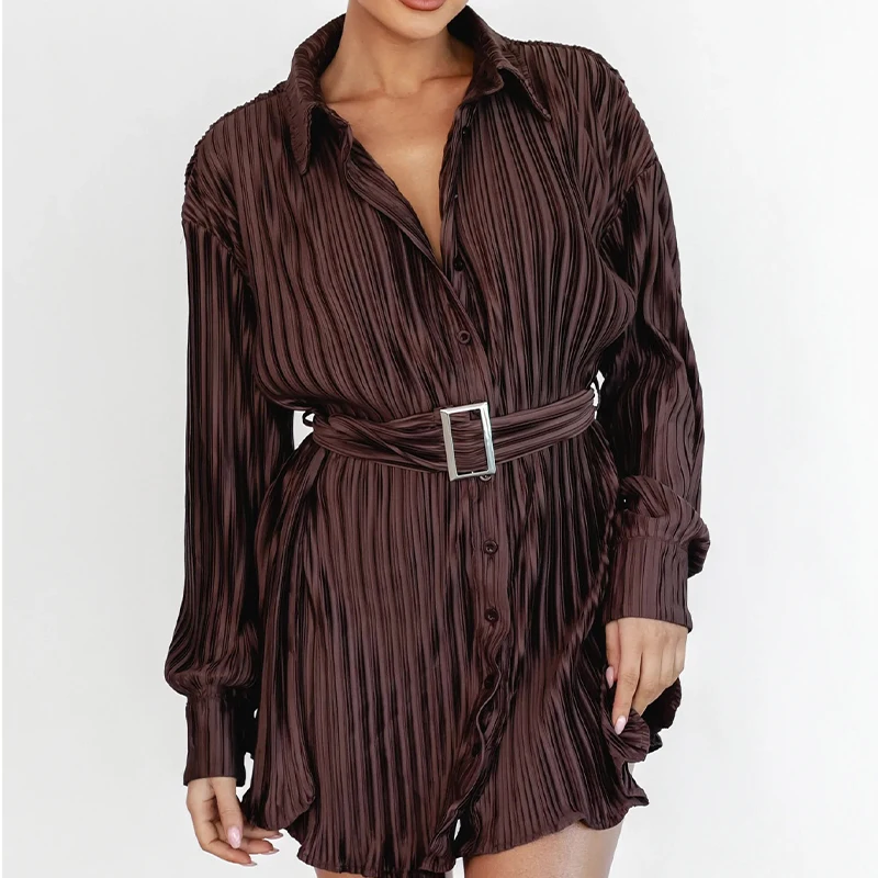 

Women Fashion Solid Folds Pleat Party Dress Spring Single Breasted Lapel Office Shirt Dress Autumn Long Sleeve Belted Mini Dress