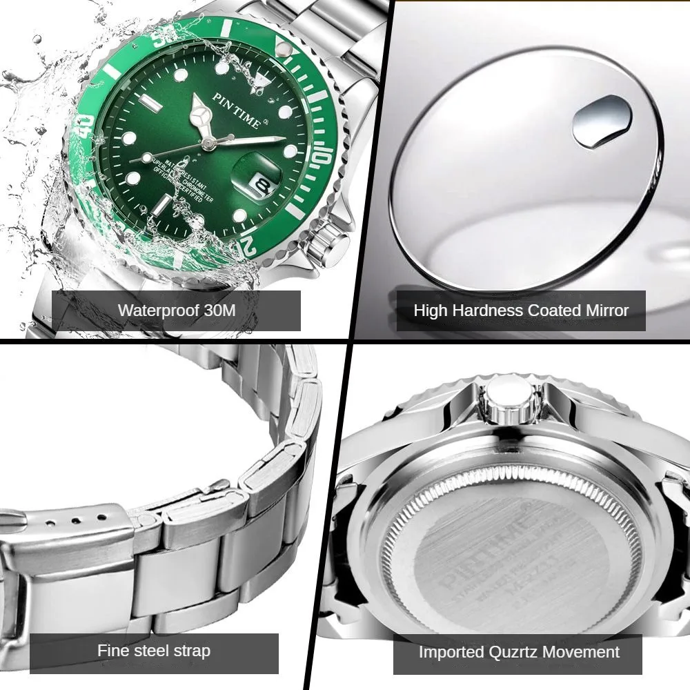 PINTIME Men Watch Fashion Brand Quartz Waterproof Wristwatch Rotatable Bezel Magnified Date Window Sport Casual Reloj Hombre Hot