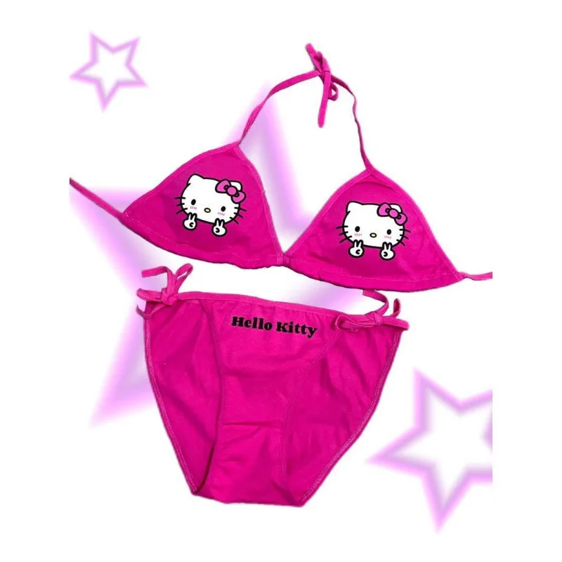 

2Pcs HelloKitty Sanrio Bikini Set Cartoon Y2k Anime Summer Beach Soft Side Strappy Panties Sexy Bikini Kawaii Swimsuit Girl