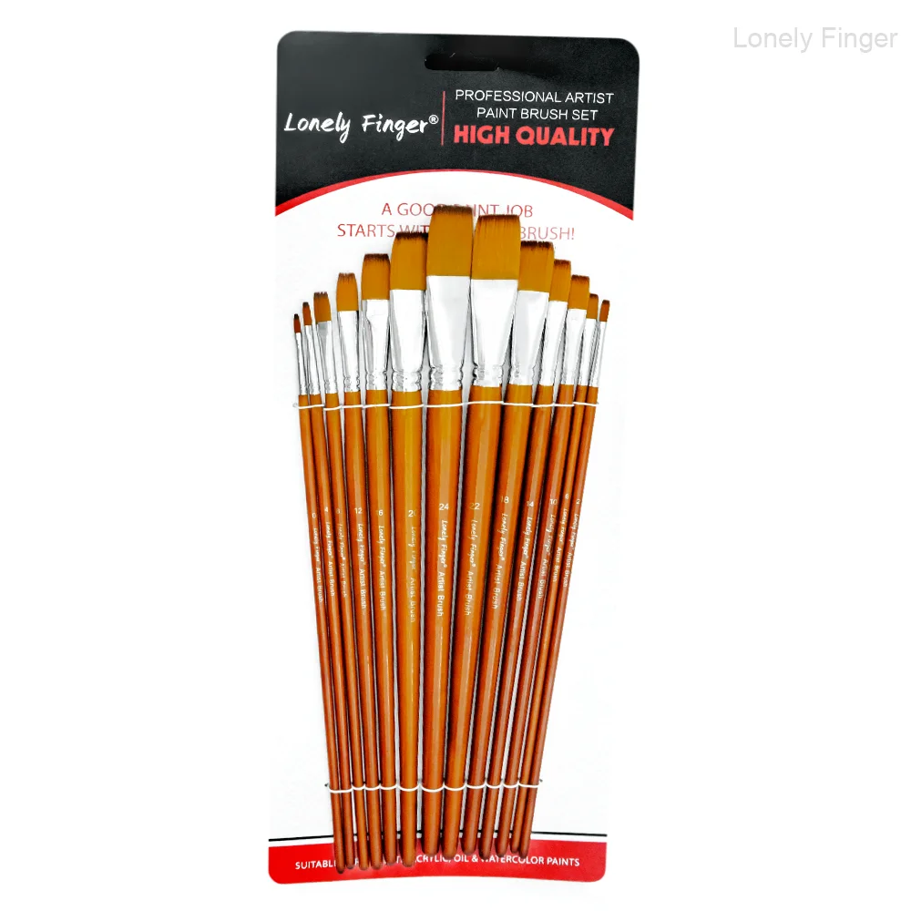 13 Pcs Long Artist Paint Brush Set, 4 Tip Shapes :Pointed/Flat/Angled/Filbert For Multi-Media Art & Craft,Wooden Handle_voghion.com