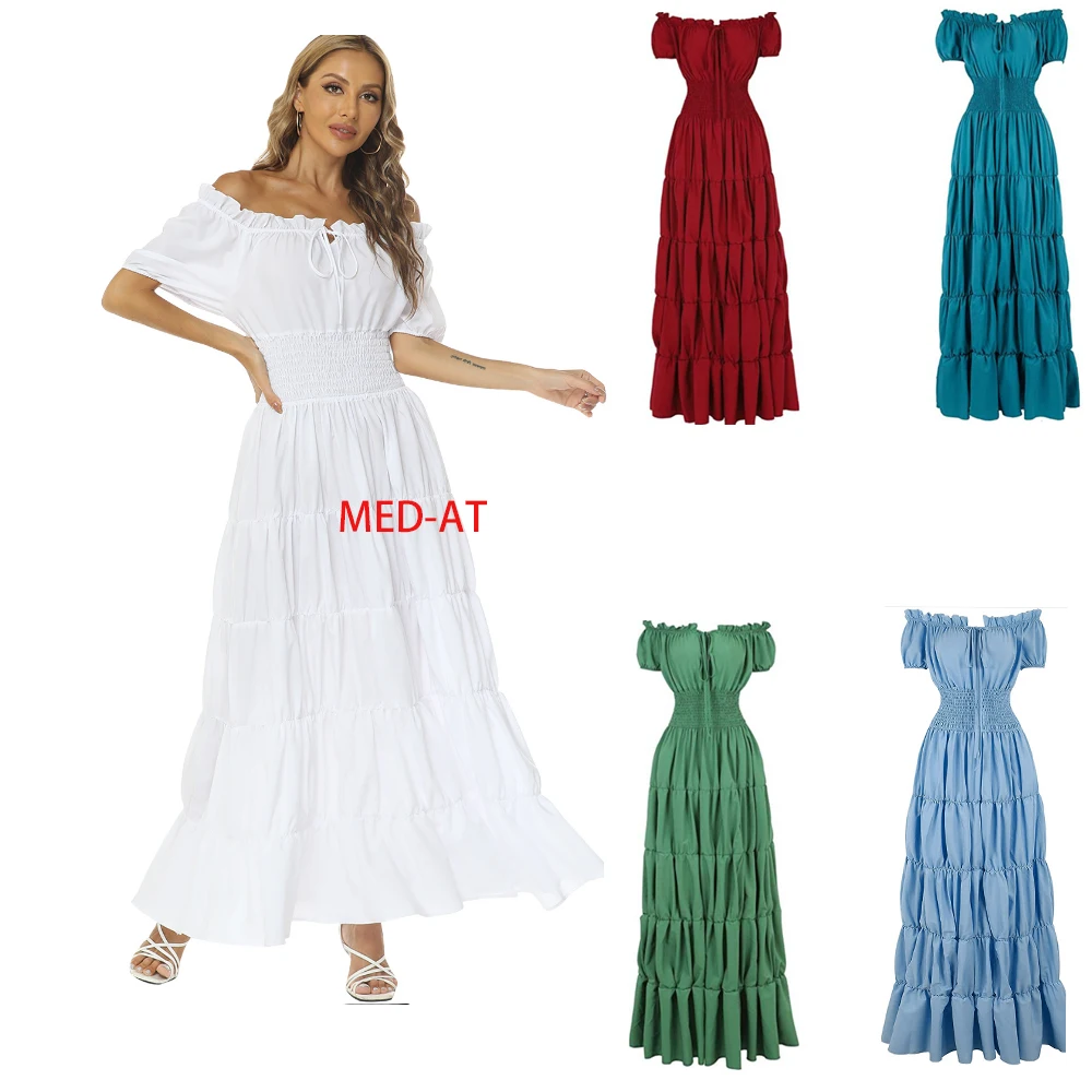 

19th Victorian Off Shoulder Shirring Pleated Dress Sexy Gothic Renaissance Gathered Skirts Smocked Waist Women Medieval Costume