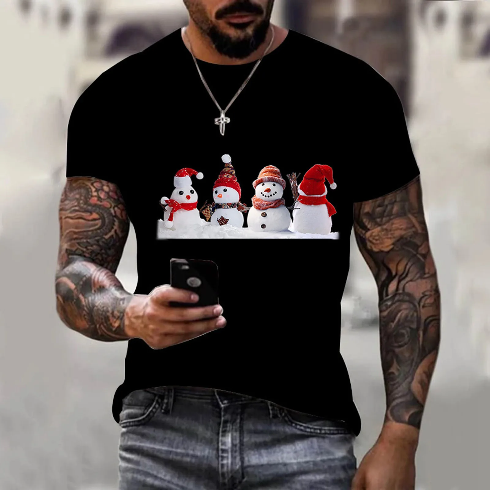 

Couple's Casual Short Winter T Shirt Top Sleeve Blouse Autumn And Spring Printed O Christmas Neck Men's Dark Breathable