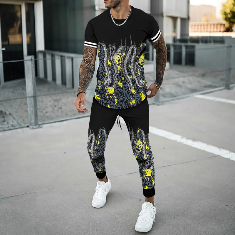Men's 2023 Activewear 2pcs Summer Oversized T-Shirt Jogging Dress Fashion Trousers HAHA 3D Printing Men's Casual Wear
