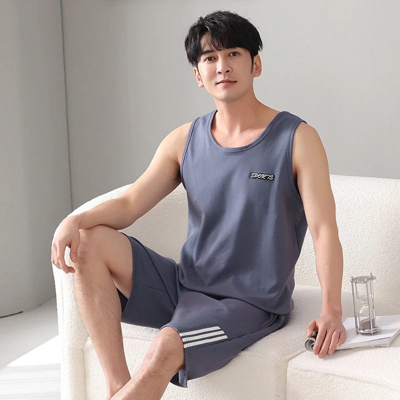 Plus Size 4XL-7XL Men Pajama Set Summer Knited Cotton Sleepwear Suit