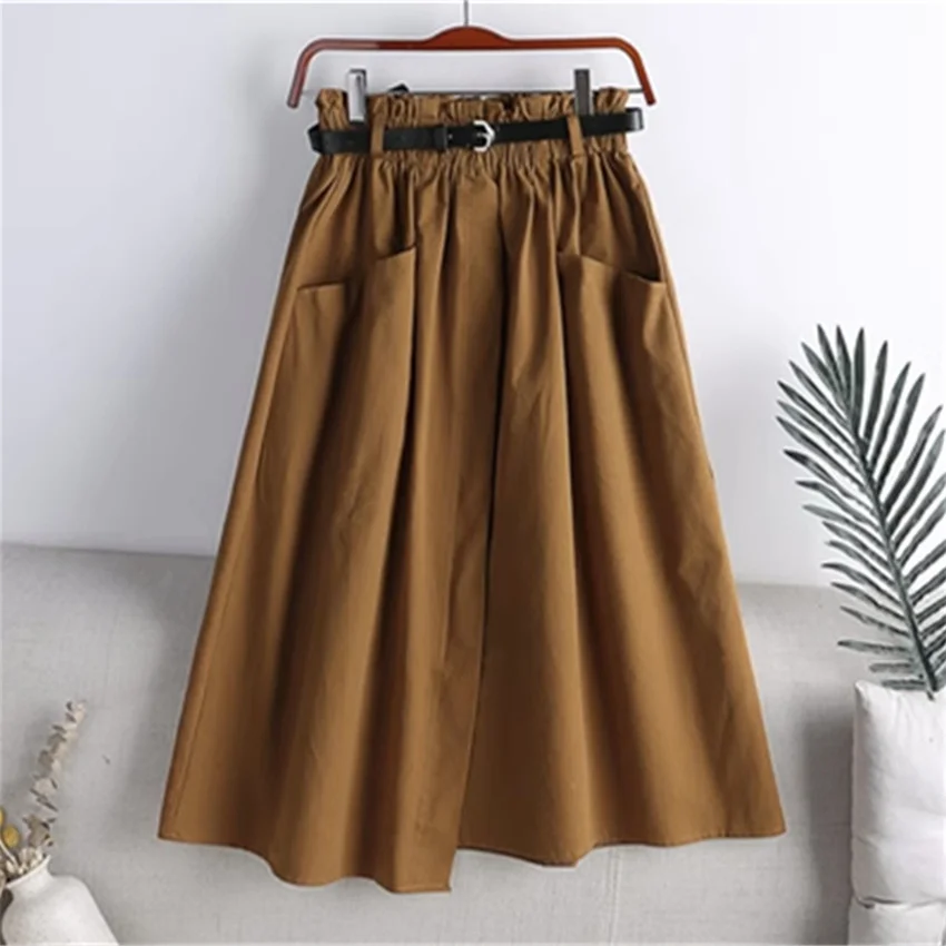 

Gowyimmes 2023 Big Size Fashion Women High Waist Skirt Large Pocket with Belt Casual Lady A-line Skirt Bottomings Workwear P1605