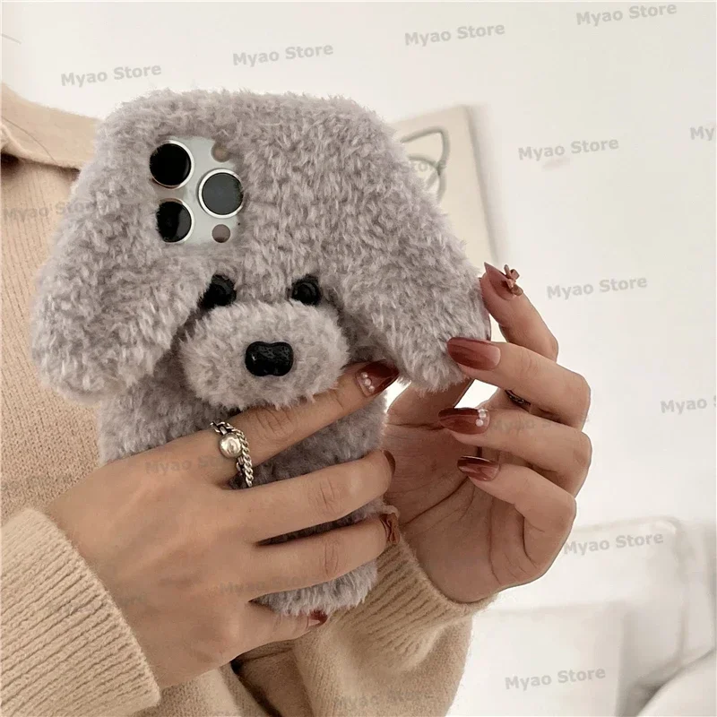 3D Teddy Dog Cartoon Phone Case with Cute Rabbit Fur Cover