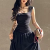 WhereMery Women Summer Party Long Dress Sexy Ruched Bodycon Black Maxi Dresses 2024 Elegant Temperament High-waist Vestidos New 2
