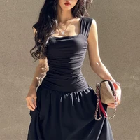 WhereMery Women Summer Party Long Dress Sexy Ruched Bodycon Black Maxi Dresses 2024 Elegant Temperament High-waist Vestidos New 2