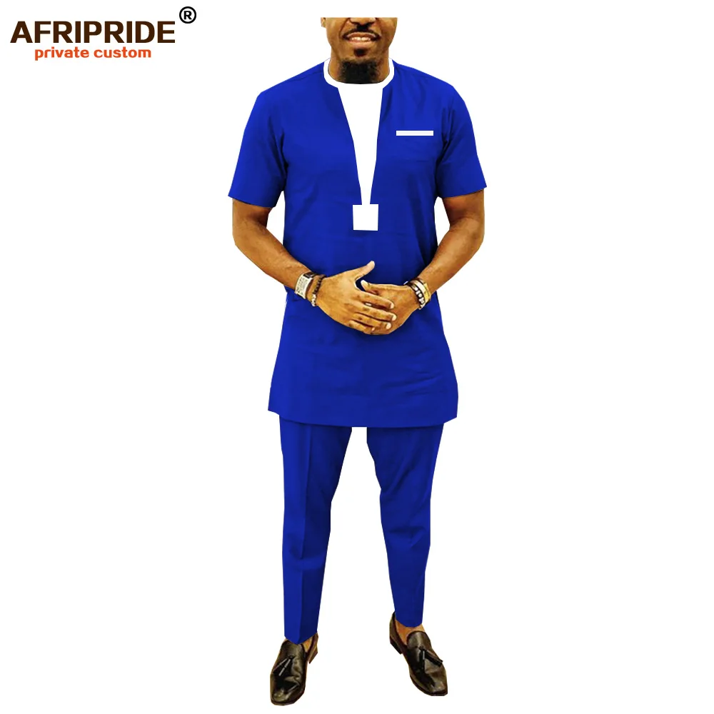 2022 African Men Clothing Traditional Set Dashiki Shirt and Ankara Pants Casual Suit Attire Blue Plus Size AFRIPRIDE A1916021