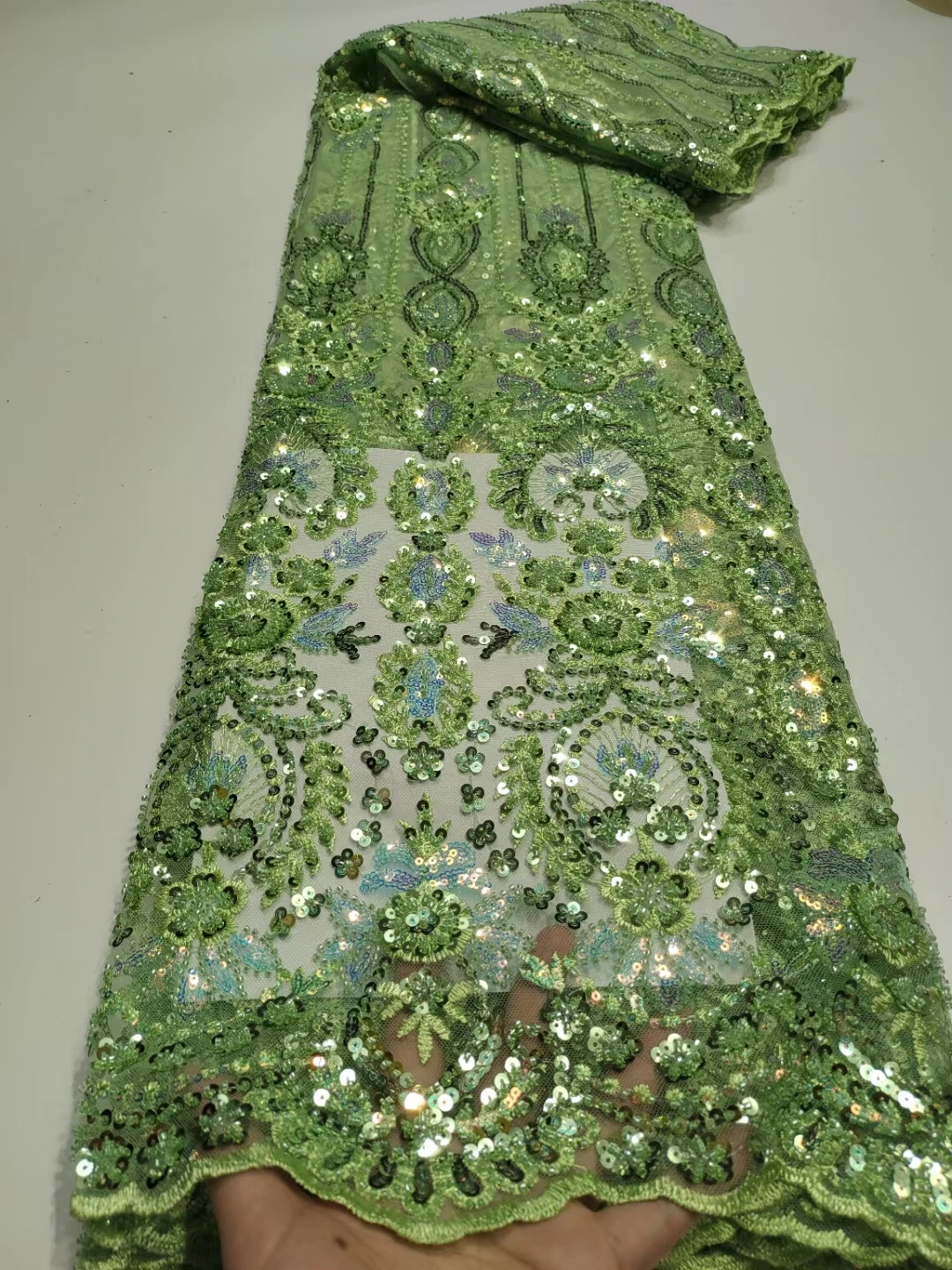 

Green Tulle Lace Fabric 5yards Per Lot Embroidery Fabrics Dress Party Event Asoebi Dress Materials