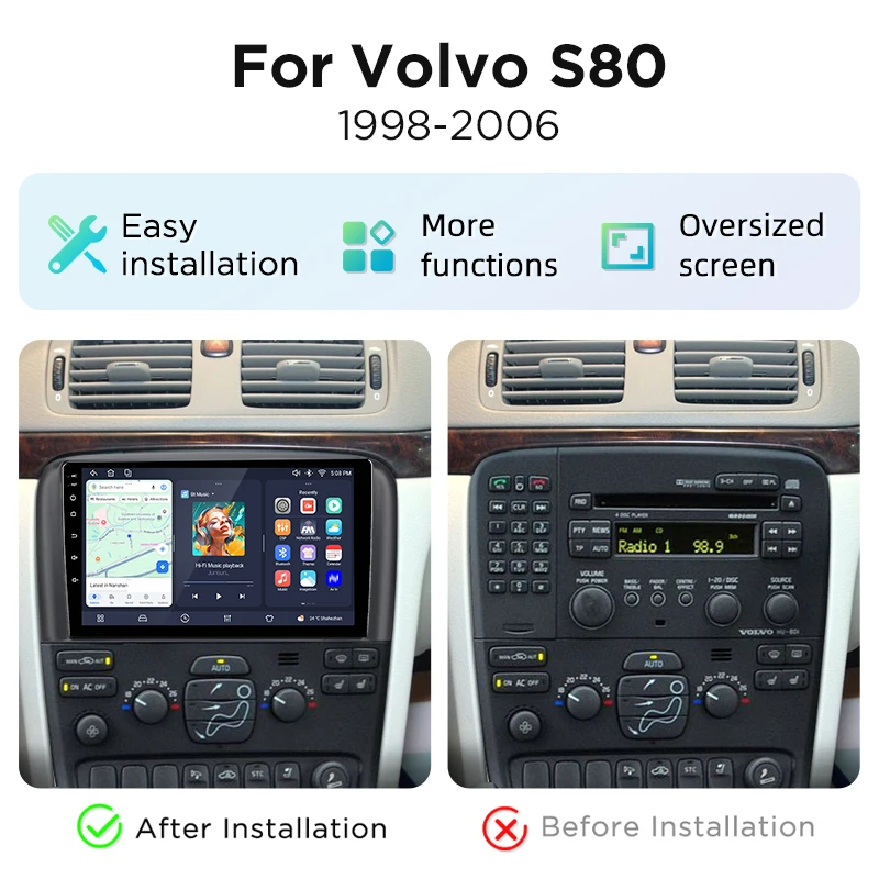 Sistema Estéreo Inteligente Junsun de 9 Pulgadas con Android 15 para Volvo S80 1998-2006, Radio para Auto, CarPlay Inalámbrico, Voz AI, Pantalla Táctil IPS, Reproductor Multimedia Inteligente, Unidad Principal 2 Din, Navegador GPS, Mirror Link, Bluetooth Automotriz, 4G, WIFI, FM, AM, DSP, RDS, SWC, DAB+ 2