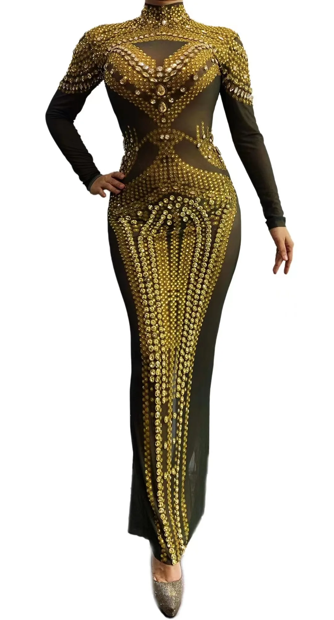 

Performance attire Blackberry long dress, mesh, glitter diamond, bodysuit, tight fitting, transparent singer nightclub gogo