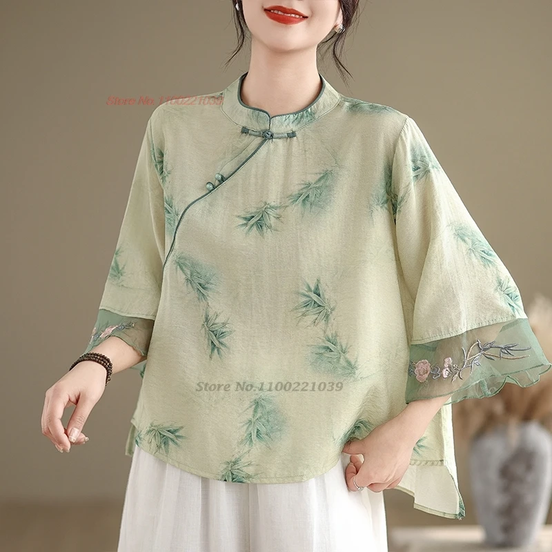 

2024 китайские винтажные Топы hanfu с национальным цветочным принтом, улучшенная искусственная Восточная хлопковая льняная Этническая деталь