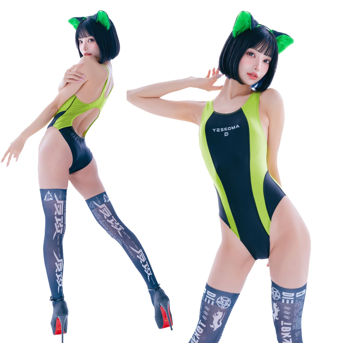 AMORESY Domina &Cosholic Sexy Glitter One-piece Patchwork High Cut Patchwork Competitive Swimwears Tights Leotards Bathing Suits