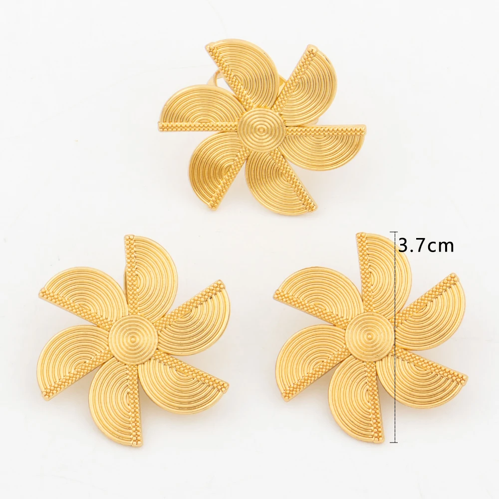 Fashion Jewelry Set Dubai Gold Color Luxury Flower Shape Adjustable Ring Round Earrings For Women Wedding Party Gifts Daily Wear - 5