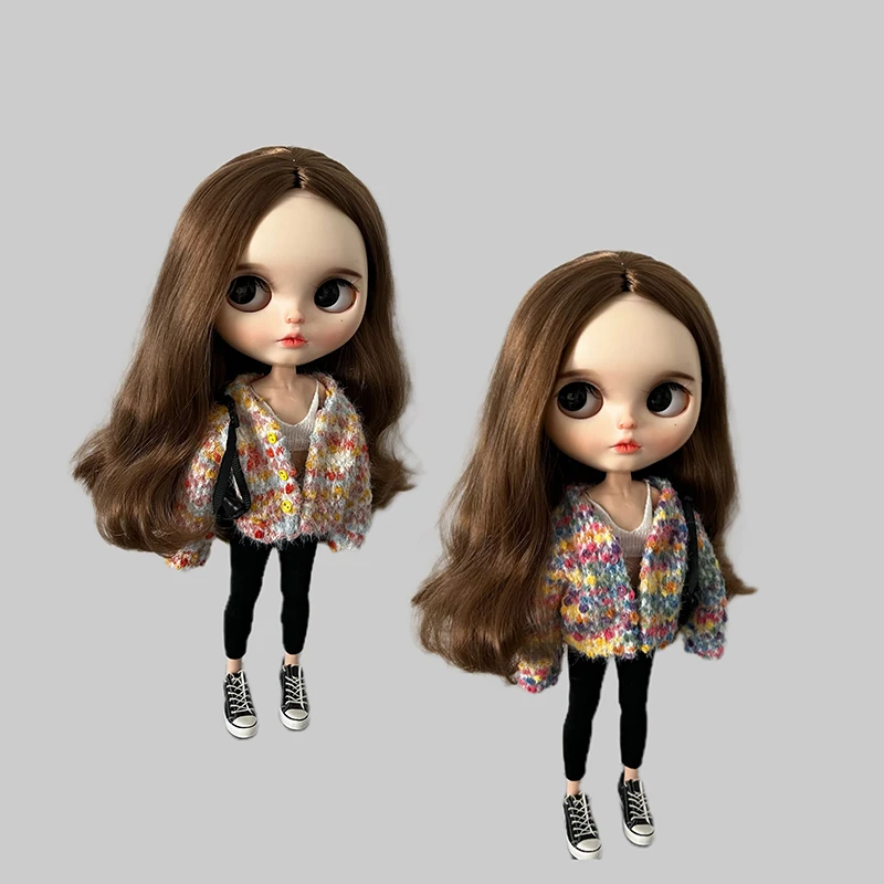 DLBell New Rainbow Sweater Blythe Clothes Long Sleeve Colorful Cardigan Coat and Pants for Barbie Blyth OB24 Pullip 1/6 Dolls dlbell blythe doll clothes fashion off shoulder butterfly top mini short skirt high boots for blyth ob24 pullip dolls streetwear