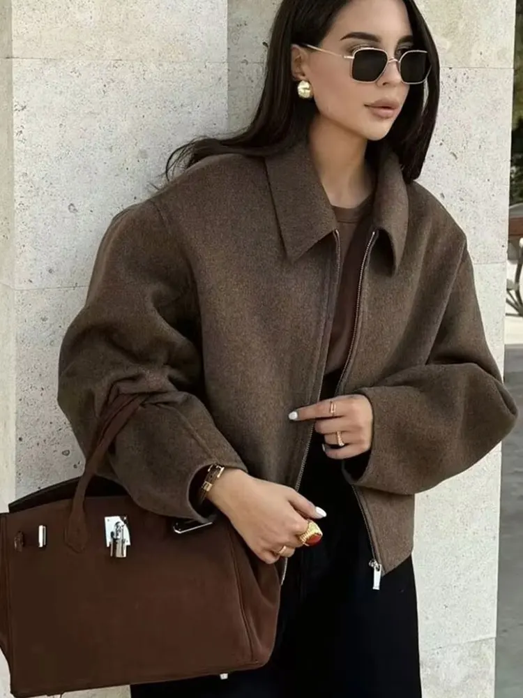 HH Fashion Brown Zipper Woolen Jacket For Women Elegant Lapel Long Sleeve Short Coats Vintage Autumn Lady Street Outerwear