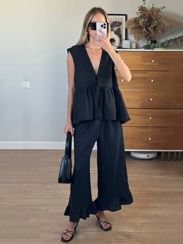 Marthaqiqi Sexy Women Pajama Set V-Neck Sleepwear Sleeveless Nightgown Lace Up Nightwear Pants Loose Ladies Nightie 2 Piece Suit