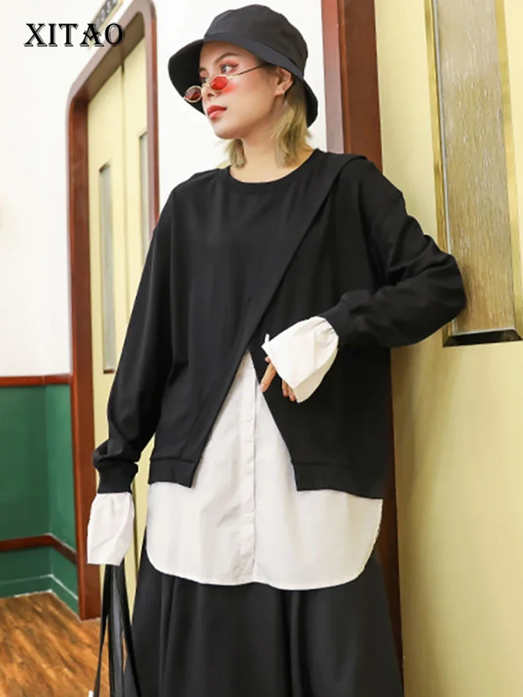 

XITAO Patchwork Hit Color Black White T Shirt Women Clothes 2024 Fashion Button Pullover Full Sleeve Match All Tee Top GCC1369