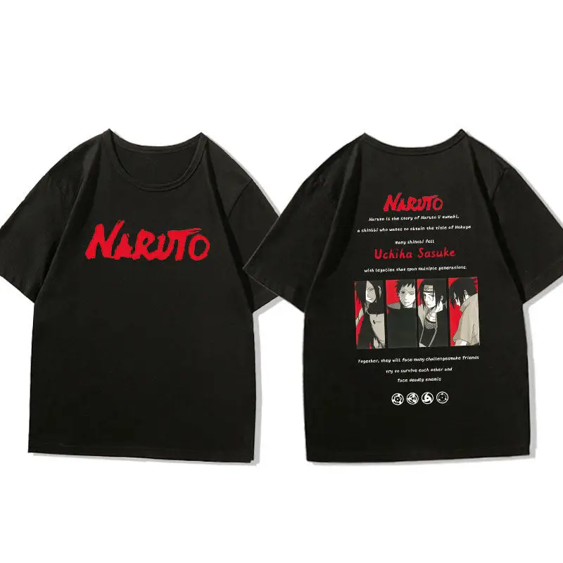 Naruto Anime Black Children's Cotton T-shirt - Double-Sided Print, Round Neck, Parent-Child Outfit